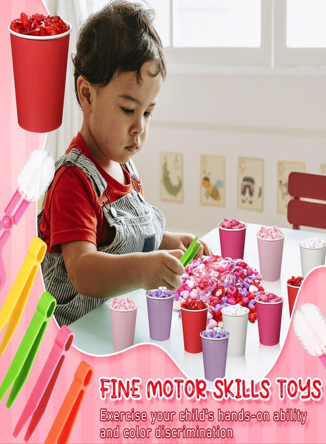 Arrowbash 230 Pcs Valentine Fine Motor Skills Sensory Bin Filler Includes 5 Style 214 Acrylic Gems 4 Tweezers 2 Scissors Clips 10 Cups for Early Education Sorting Counting Training Development - Image 3